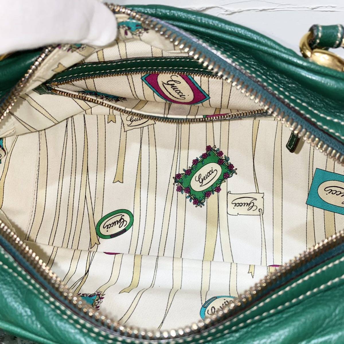 希少モデル GUCCI バンブーライン ハンドバッグ ゴールド金具 ホースビット グリーン レザー セミショルダーバッグ ヴィンテージバッグ