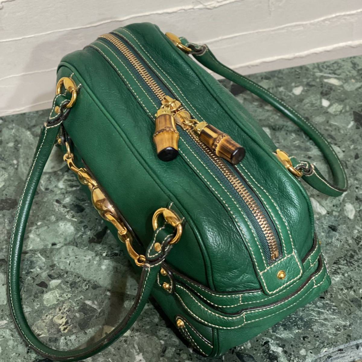 希少モデル GUCCI バンブーライン ハンドバッグ ゴールド金具 ホースビット グリーン レザー セミショルダーバッグ ヴィンテージバッグ