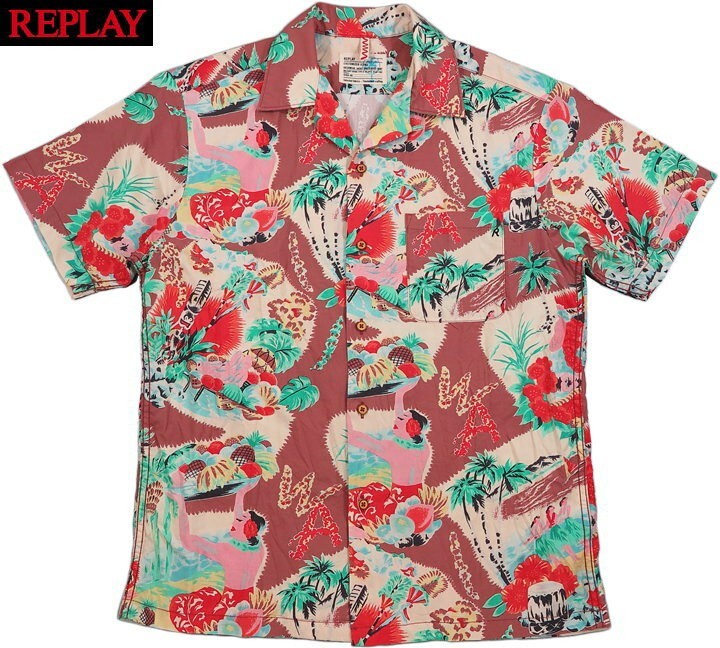 サイズ：S　美品　REPLAY/リプレイM4985SHIRT WITH HAWAIIAN PRINTハワイアンプリント半袖コットン シャツ/アロハシャツ/ハワイアンシャツ_画像1