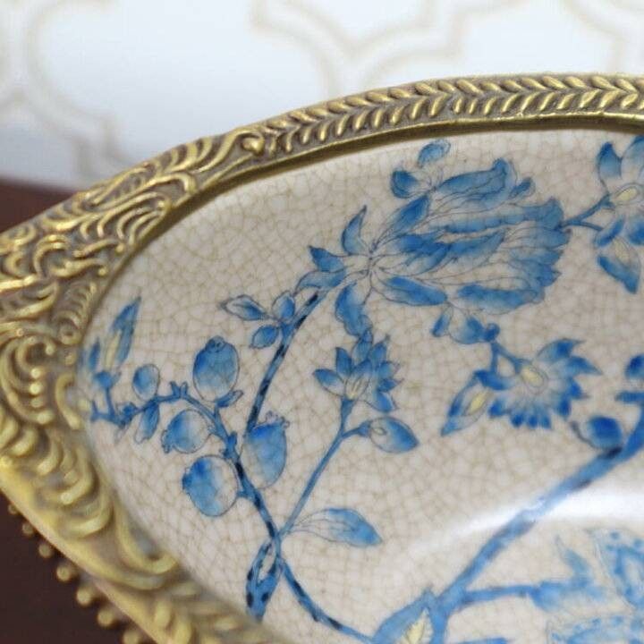 海外輸入 高級シノワズリ 真鍮製 手描き 陶磁器 脚付き 小物入れ