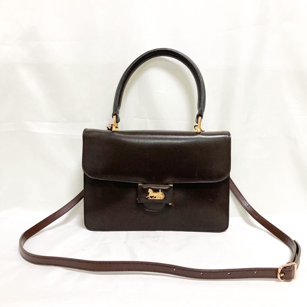 美品 セリーヌ 馬車金具 2way ショルダーバッグ ハンドバッグ カーフ
