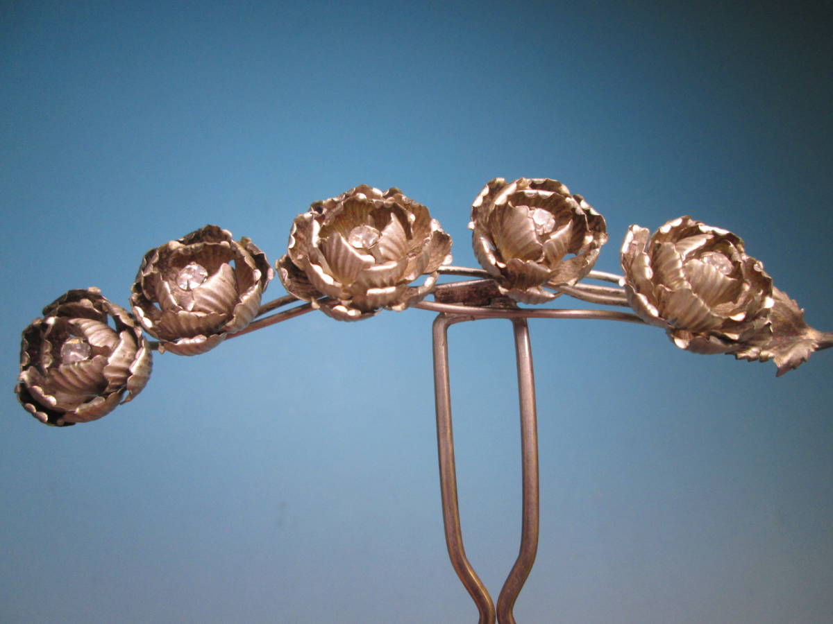 【江月】アンティーク・銀彫金細工 ラインストーン 薔薇の花のかんざし 木箱付
