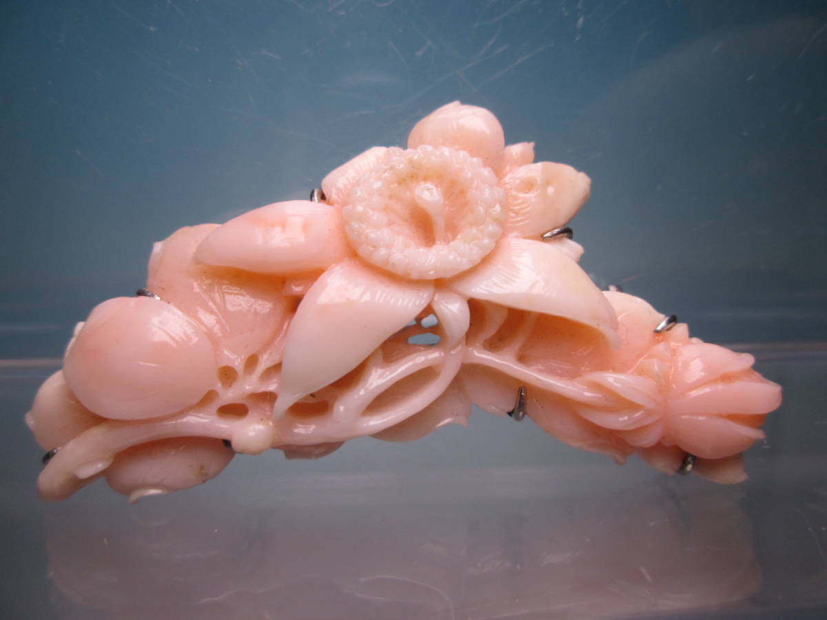 江月】アンティーク・本珊瑚 ピンク珊瑚の花彫刻の帯留め 13,48g