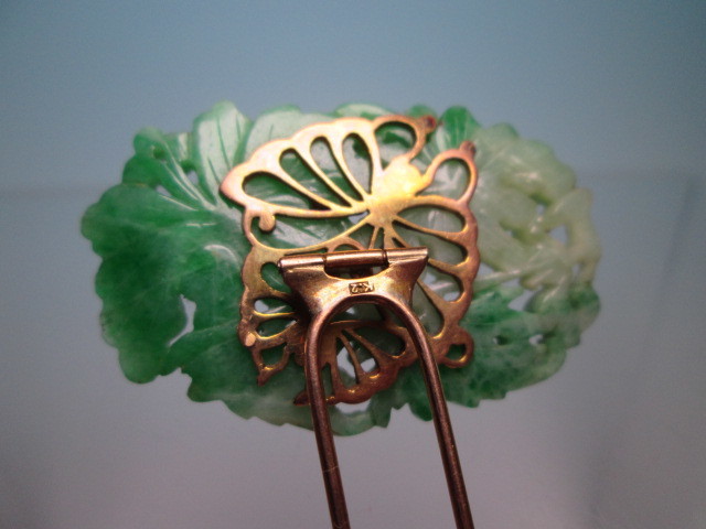 【江月】 アンティーク・K12 本翡翠 蝶の金飾り百合の花透かし彫刻のかんざし 14,68g_画像8