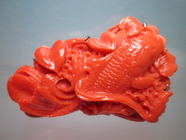 赤珊瑚帯留め 鯉彫物-