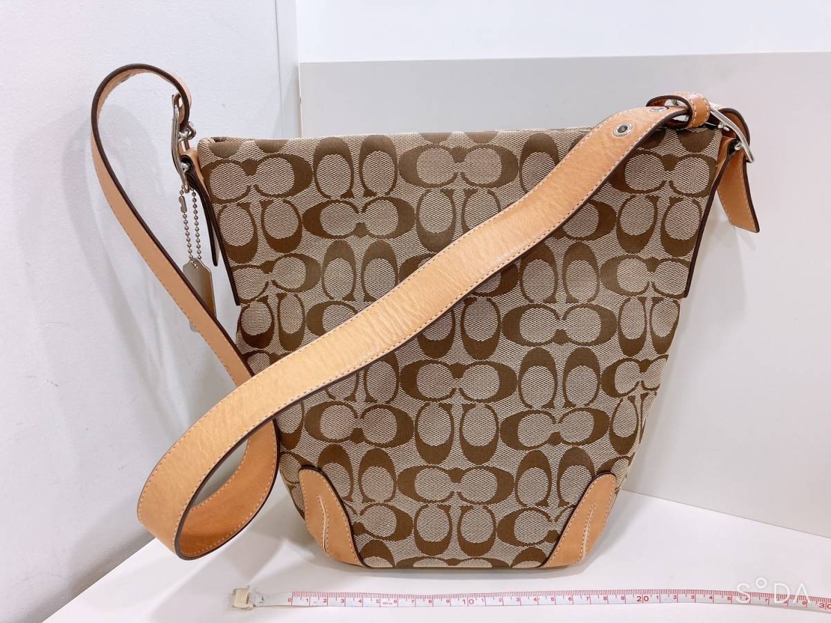 ◆【美品】コーチ Coach シグネチャー キャンバス レザー ショルダーバッグ ベージュ