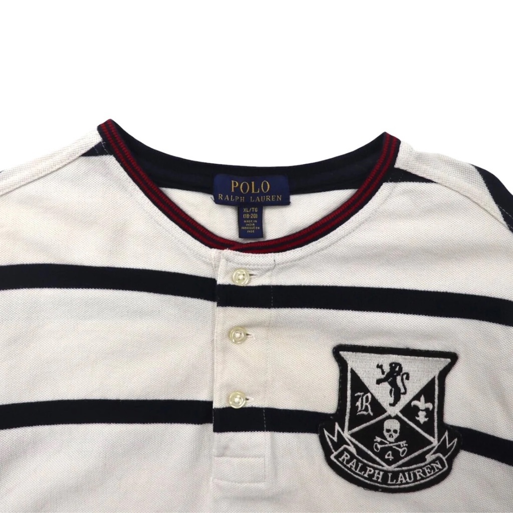 POLO RALPH LAUREN ヘンリーネックボーダーTシャツ XL ホワイト コットン エンブレムロゴワッペン_画像4