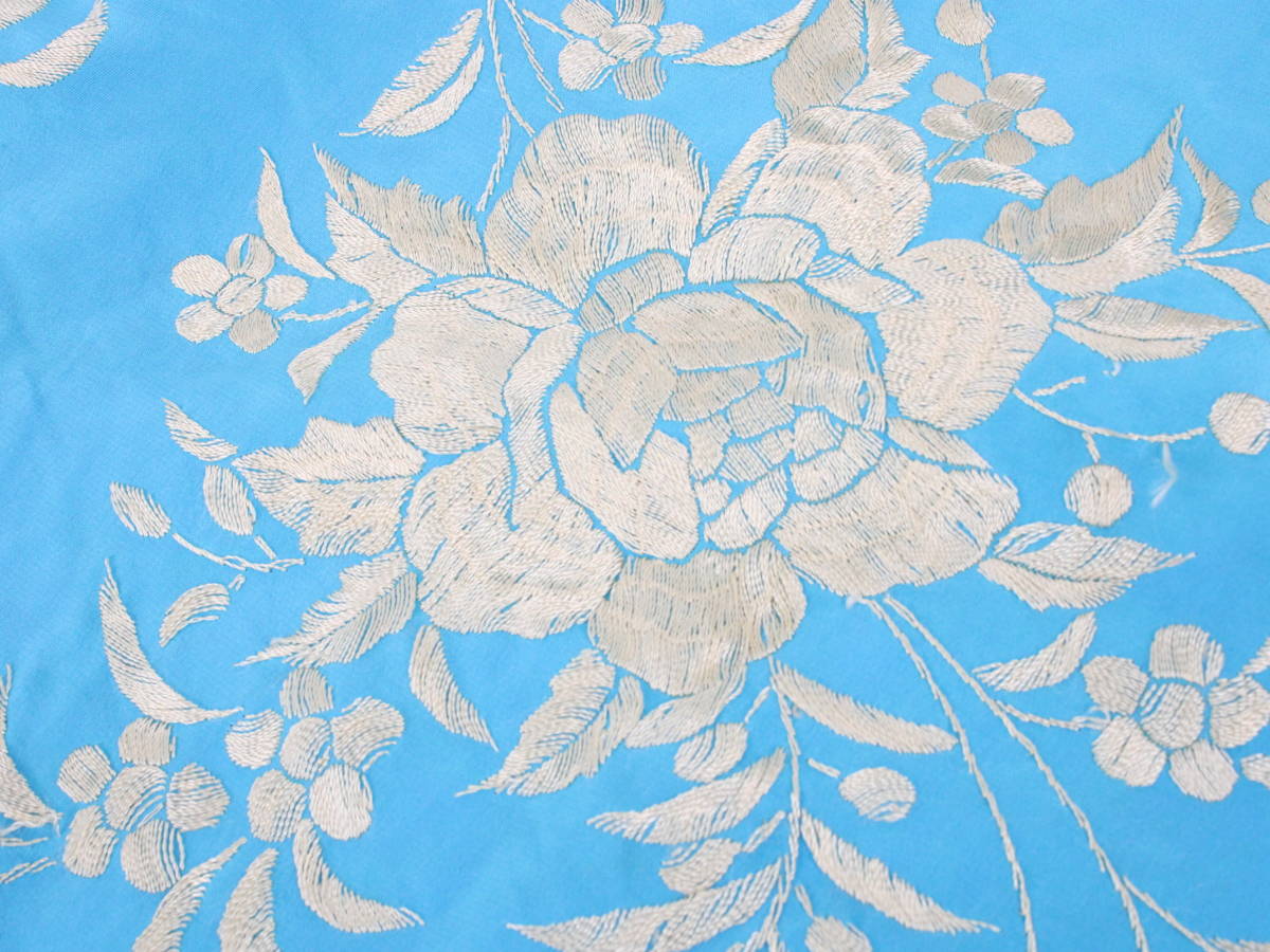 [ free shipping ][ high class silk flamenco for large size size ]150×150 long freko attaching square type turquoise blue & Gold embroidery floral print mantle n