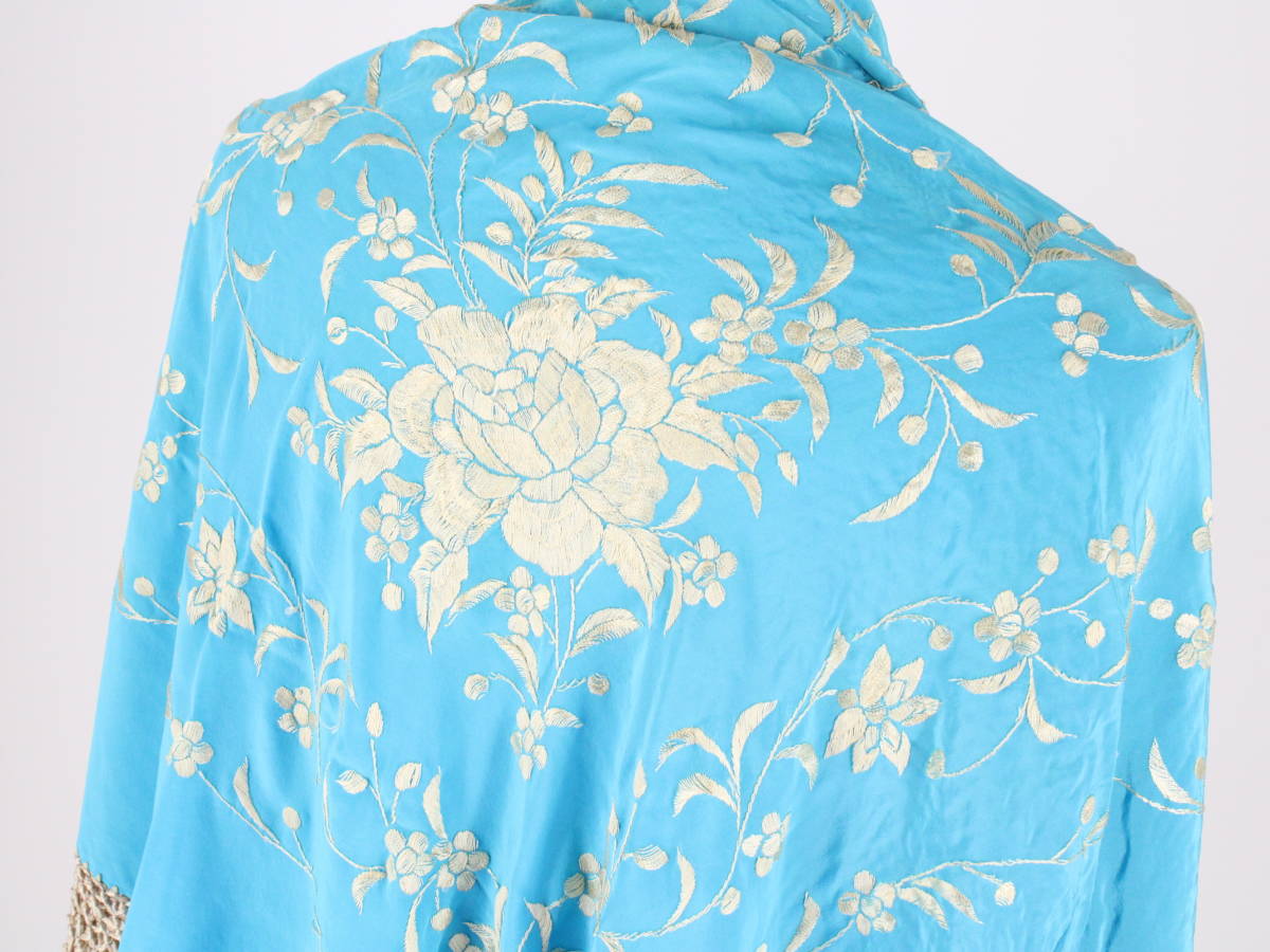 [ free shipping ][ high class silk flamenco for large size size ]150×150 long freko attaching square type turquoise blue & Gold embroidery floral print mantle n