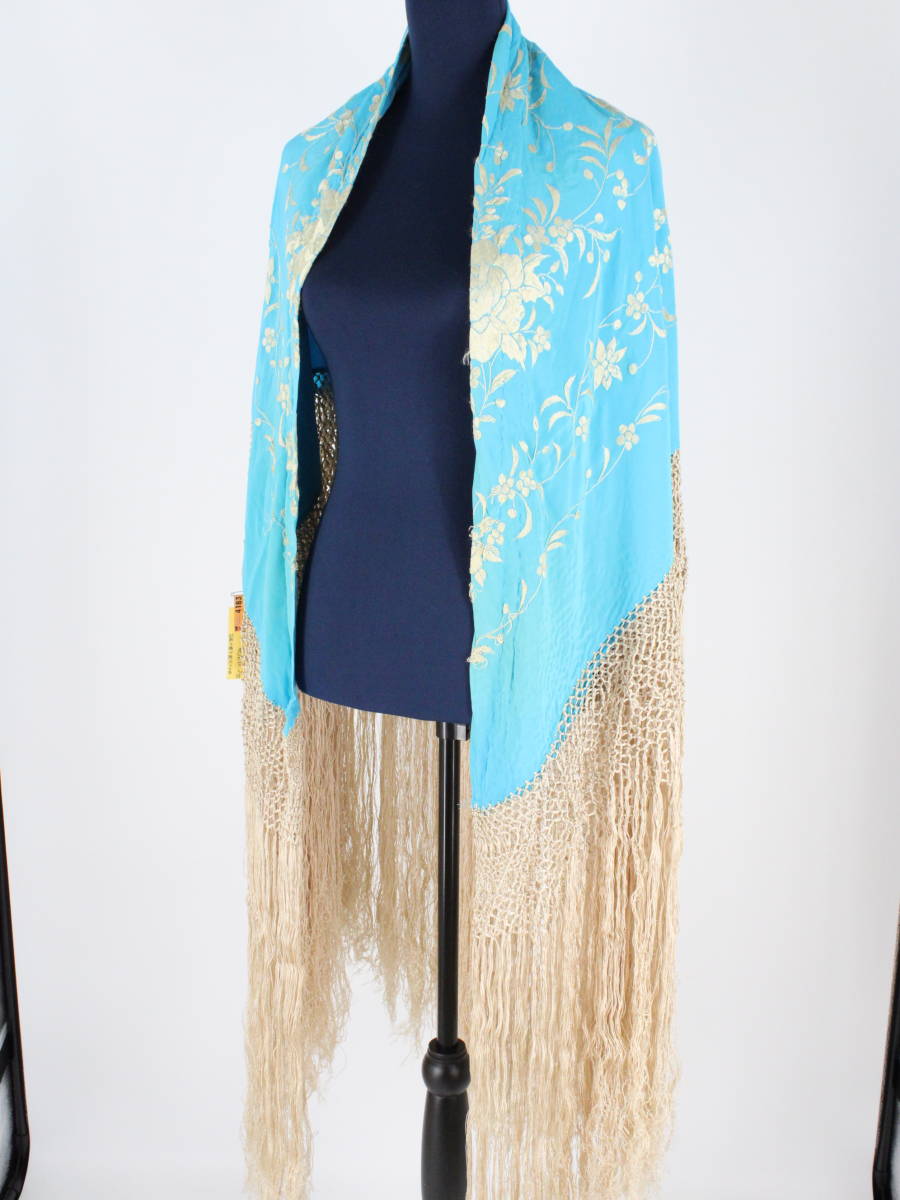 [ free shipping ][ high class silk flamenco for large size size ]150×150 long freko attaching square type turquoise blue & Gold embroidery floral print mantle n