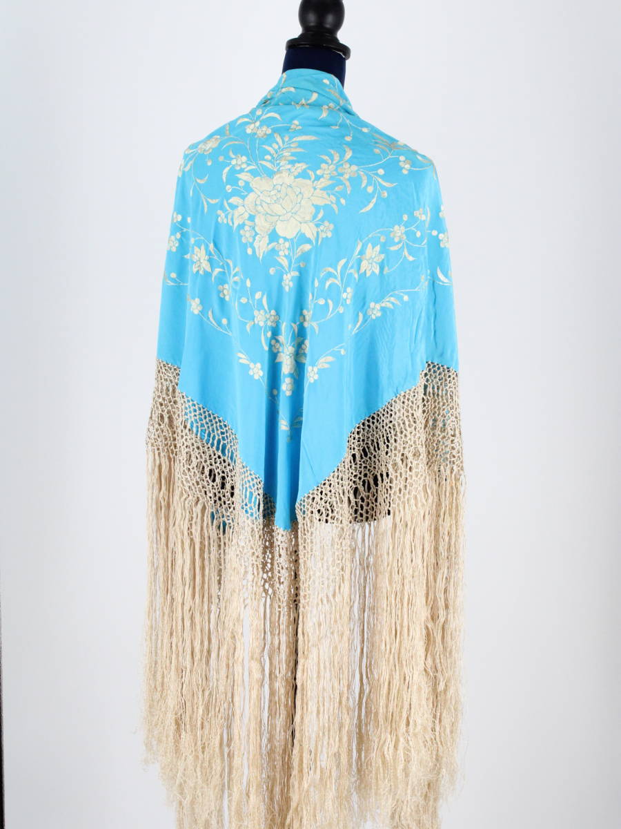 [ free shipping ][ high class silk flamenco for large size size ]150×150 long freko attaching square type turquoise blue & Gold embroidery floral print mantle n