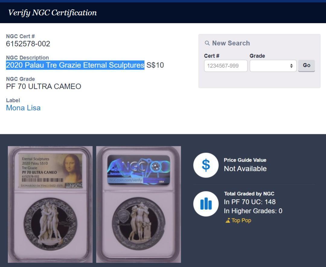 2020年 パラオ TRE GRAZIE スリーグレイセス 2オンス 10ドル 銀貨 NGC