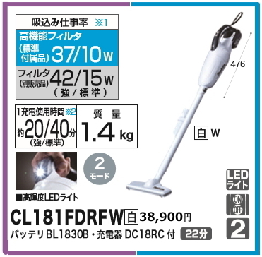 2022?新作】 マキタ コードレス 掃除機 18V-3.0Ah CL181FDRFW 充電式