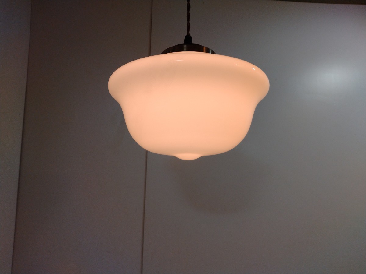 0517-7. pavilion style | milk glass |. white color glass | Taisho design | koma type | hanging lowering pendant light small C