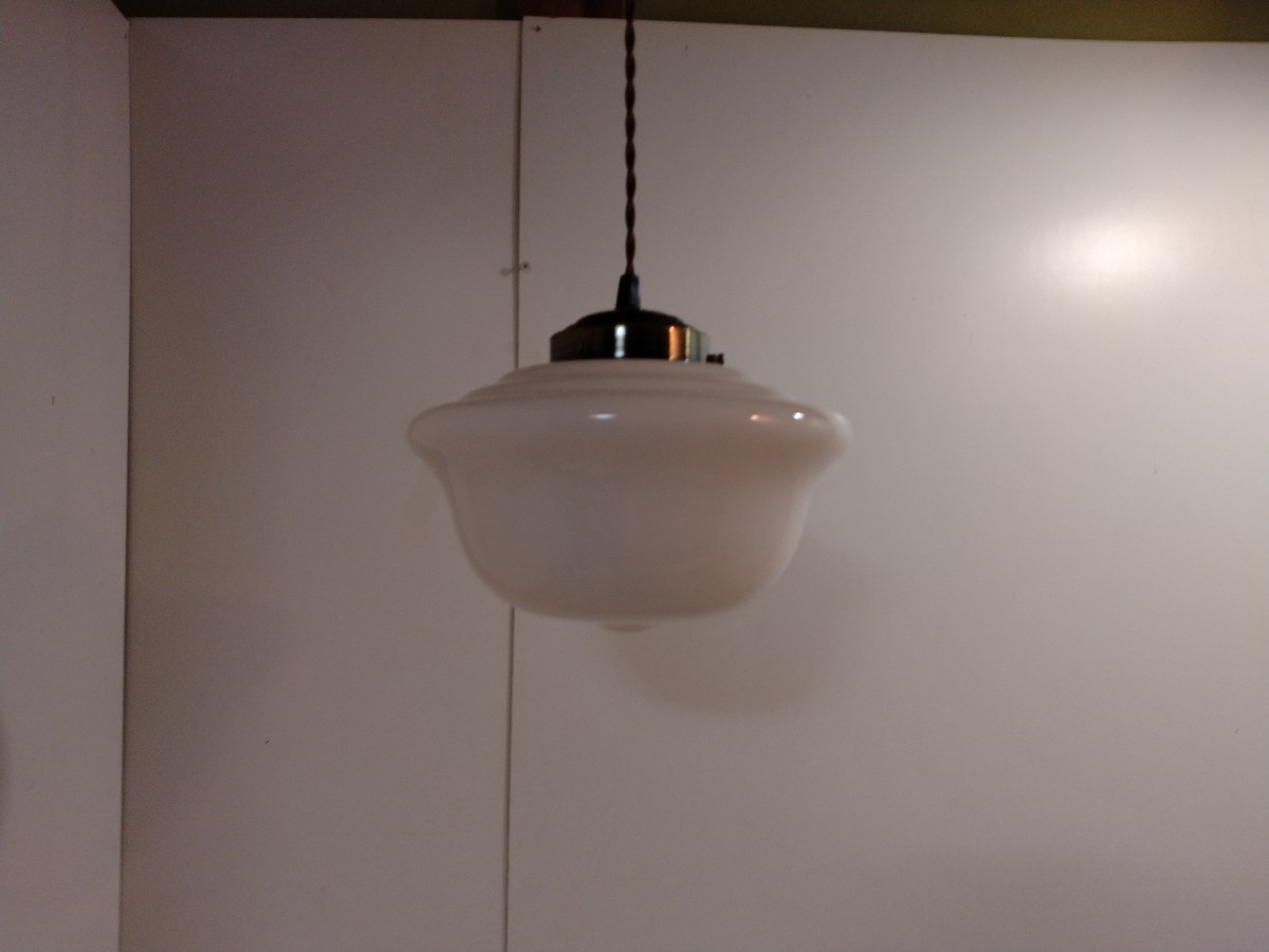 0517-7. pavilion style | milk glass |. white color glass | Taisho design | koma type | hanging lowering pendant light small C