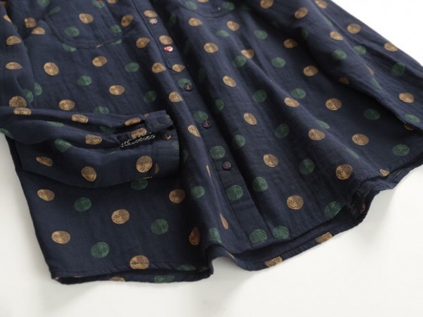 10 case free shipping yh c outer garment double gauze navy largish polka dot pattern XL size cotton 100% comfortable eminent easy dressing up tops tunic 
