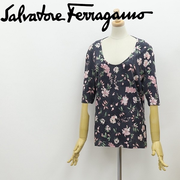 ◆Salvatore Ferragamo サルヴァトーレ フェラガモ フラワー 花柄 5分袖 ストレッチ カットソー トップス チャコールグレー系