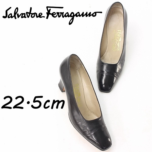 ◆Salvatore Ferragamo サルヴァトーレ フェラガモ レザー ヒール パンプス シューズ 黒 ブラック 5C