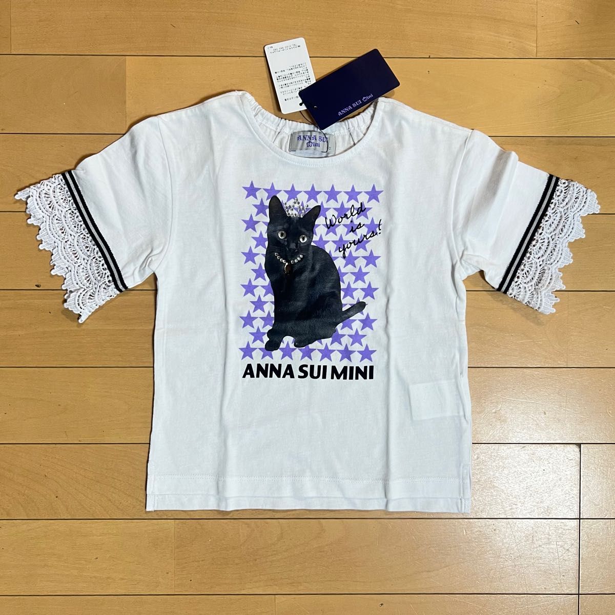 【新品】ANNASUIminiアナスイミニネコフォトプリント袖レースTシャツ110cm黒猫半袖ナルミヤ女の子