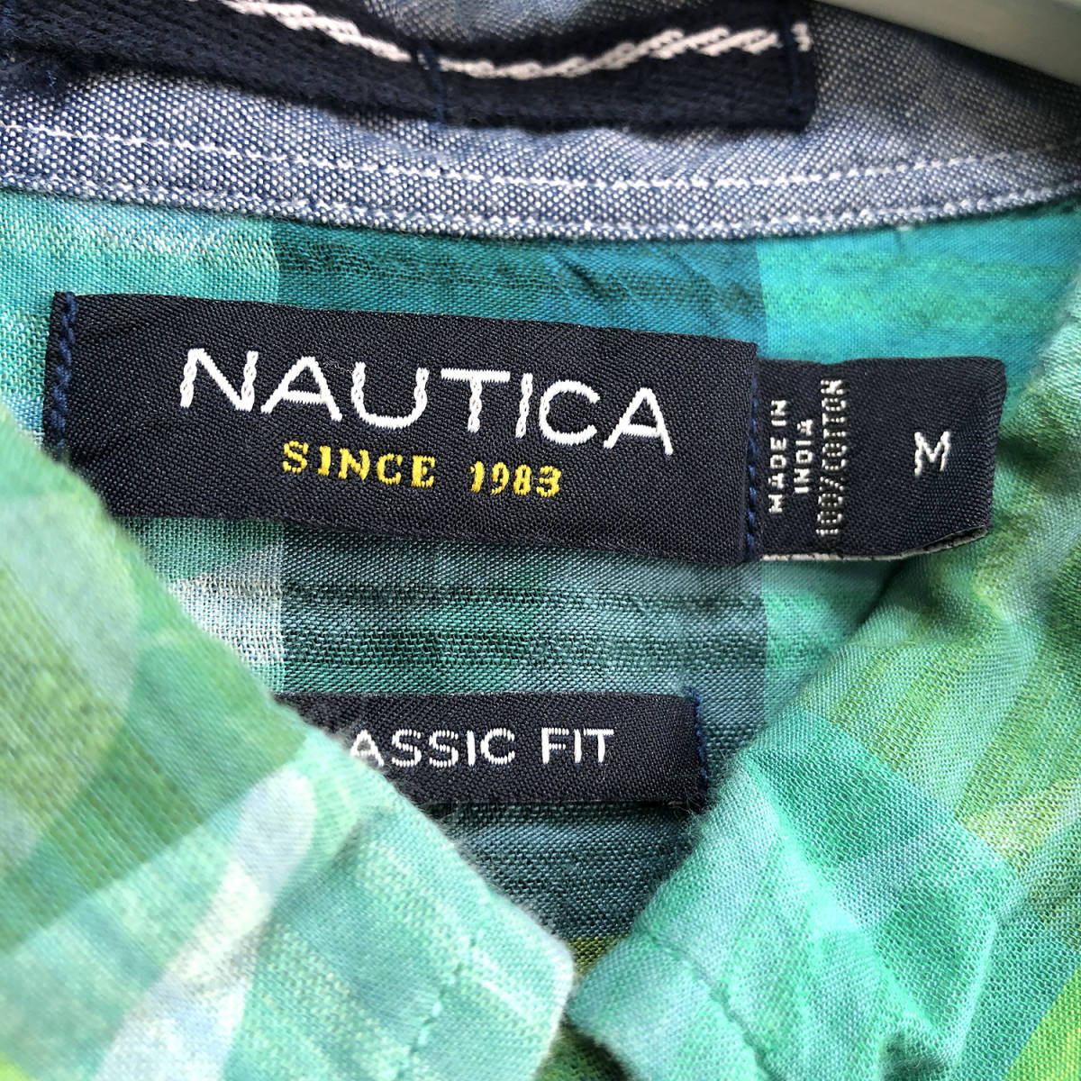 USA 古着 ノーティカ コットン チェック柄 半袖シャツ BDシャツ ボタンダウン メンズM グリーン系 NAUTICA カジュアルシャツ 中古 BF1444