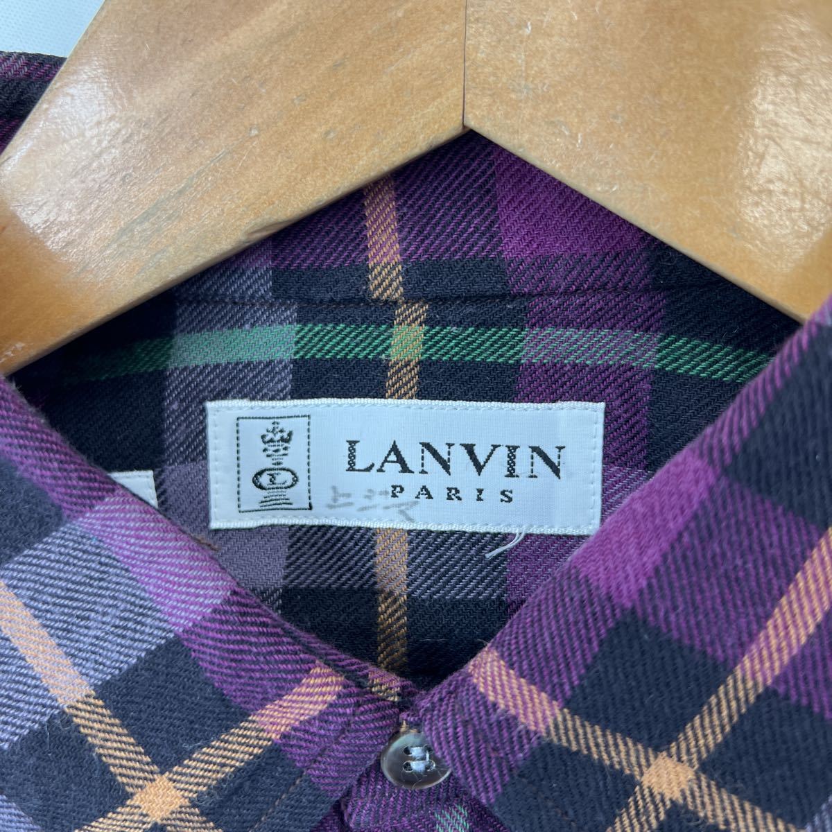 LANVIN ☆ ヴィンテージ ネルシャツ ウール コットン チェック シャツ 長袖 パープル ブラック M相当 大人カジュアル ランバン■S1583_画像6