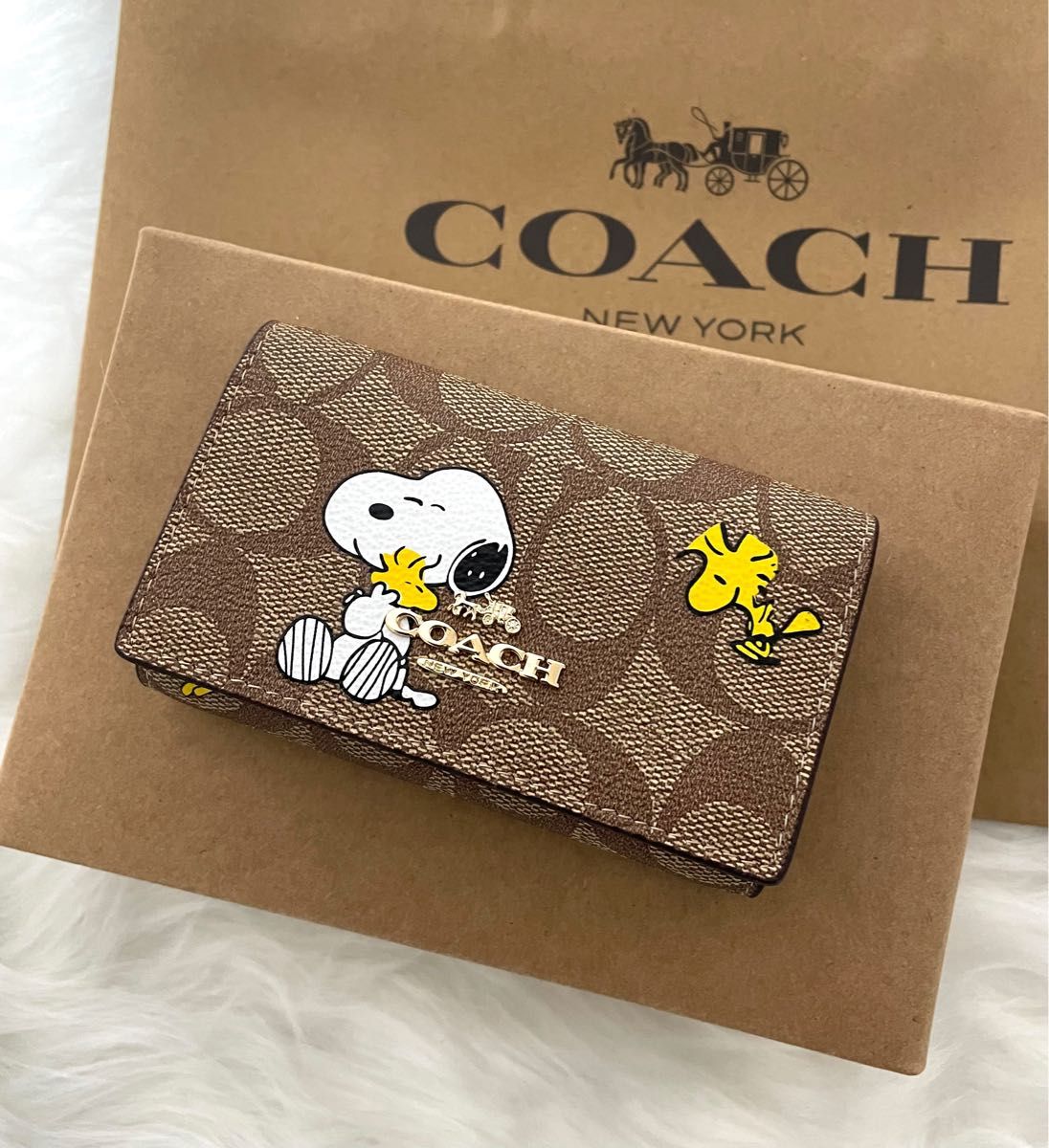 【新品未使用】COACH xピーナッツ限定コラボ 5連キーケース スヌーピー ウッドストック シグネチャー カーキ キーリング
