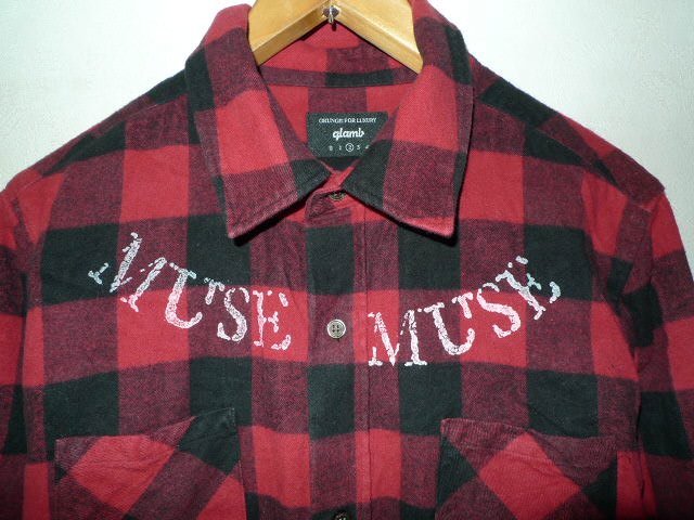 ◆glamb グラム muse sh ステンシルプリント チェック ネルシャツ 赤 サイズ2 美品_画像2