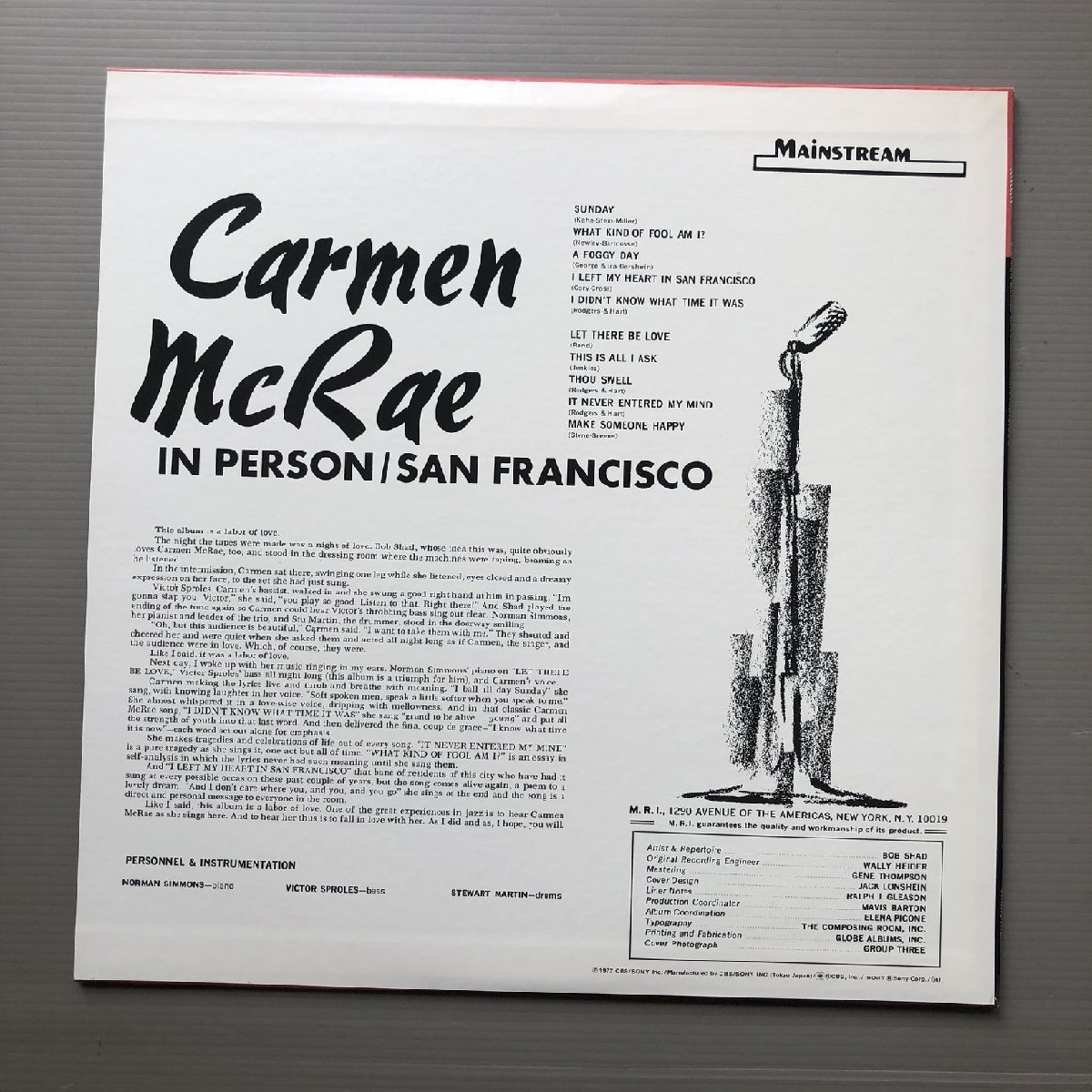 原信夫Collection 美ジャケ カーメン・マクレエ Carmen McRae 1976年 LPレコード In Person / San Francisco 国内盤 プロモ盤_画像2