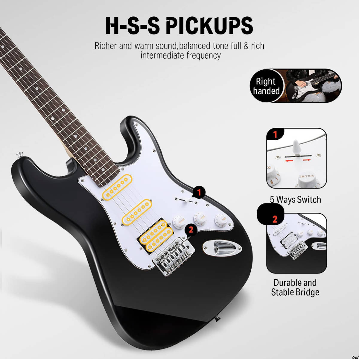 エレキギター 初心者セット STタイプ SSHピックアップ配列 39インチ フルサイズ ポプラ材 ミニアンプ付き ブラック おしゃれ 