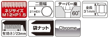 [送料無料] [新品] [KYO-EI] [品番:101S-16P] [1.5 x 21HEX M12] [メッキ] [ナット] [袋] [16個(1SET)] [全長:31mm] [Lug Nut] [協永産業]_画像2