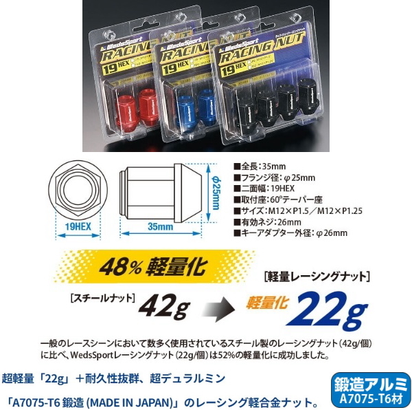 送料無料 ウェッズ WedsSport レーシングナット 軽量 ホイールナット 19HEX M12 x P1.25 60度テーパー ブルー 4個 (No.52328) 全長:35mm_画像1