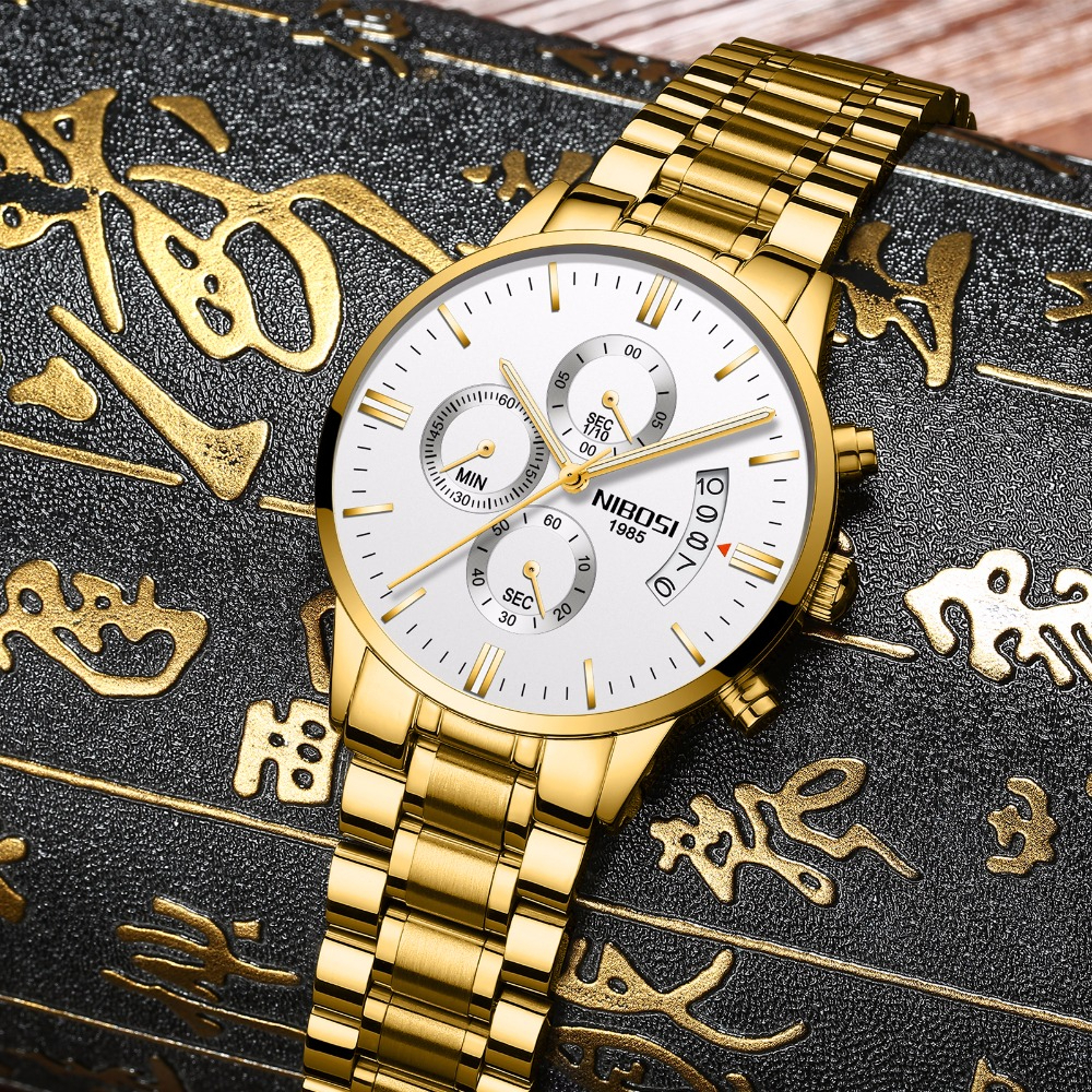 NIBOSI メンズ 腕時計 高品質 クオーツ クロノグラフ 防水 カジュアル ウォッチ ビジネス 時計 ステンレス ゴールド × ホワイト_画像2