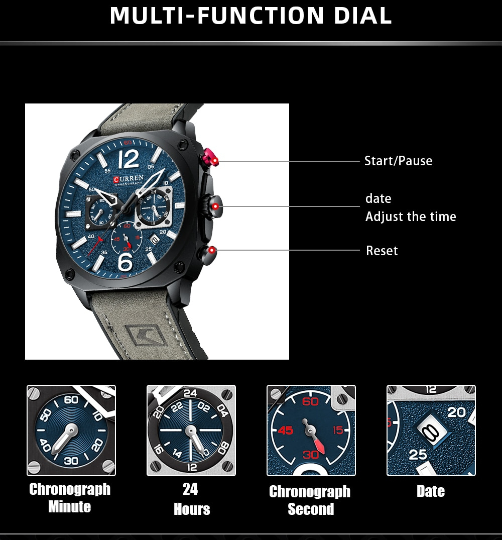CURREN 8398 メンズ 腕時計 高品質 クオーツ クロノグラフ 防水 カジュアル レザー ウォッチ ファッション 時計 グリーン