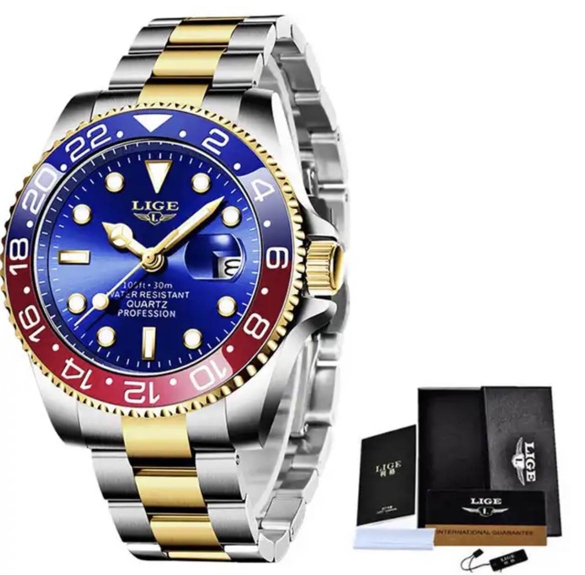 LIGE メンズ 腕時計 高品質 クオーツ カジュアル スポーツ ビジネス ウォッチ 10045 クロノグラフ 防水 時計 レッド × ブルー_画像1
