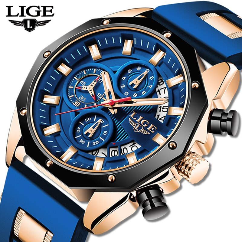 LIGE 高品質 クオーツ 腕時計 クロノグラフ 防水 メンズ ウォッチ ファッション ビジネス 時計 シリコン バンド ローズゴールド × ブルーの画像1