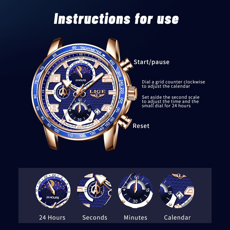 LIGE メンズ 腕時計 高品質 クオーツ カジュアル スポーツ ウォッチ 8955 クロノグラフ 防水 時計 シリコンバンド シルバー× ブラック_画像6