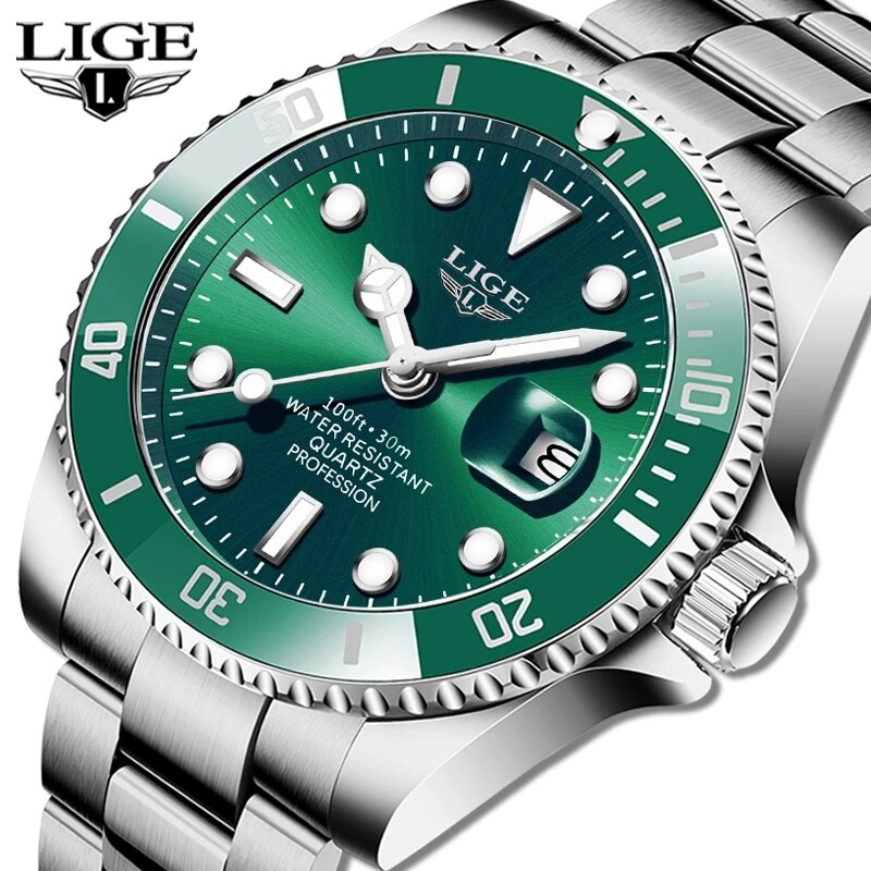 LIGE メンズ 腕時計 高品質 クオーツ カジュアル スポーツ ビジネス ウォッチ 10045 クロノグラフ 防水 時計 シルバー × グリーン_画像1