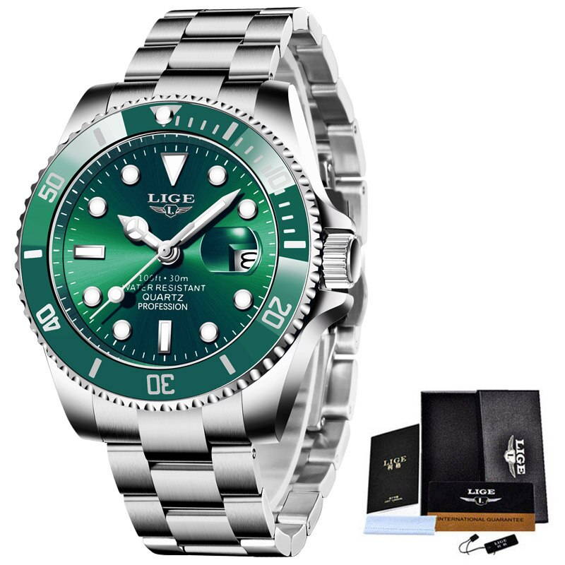 LIGE メンズ 腕時計 高品質 クオーツ カジュアル スポーツ ビジネス ウォッチ 10045 クロノグラフ 防水 時計 シルバー × グリーン_画像3