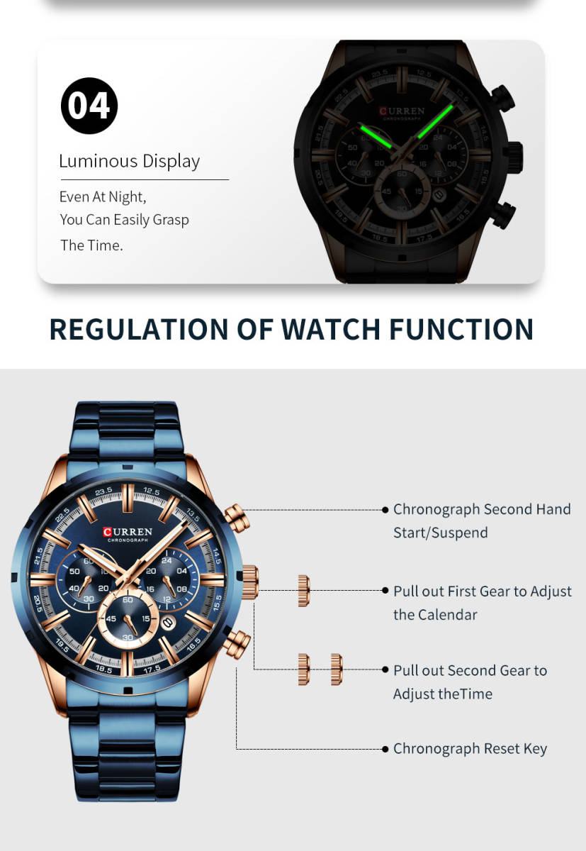 CURREN メンズ 腕時計 高品質 クオーツ クロノグラフ 防水 カジュアル ウォッチ ビジネス 時計 ステンレス シルバー × ブラック_画像4