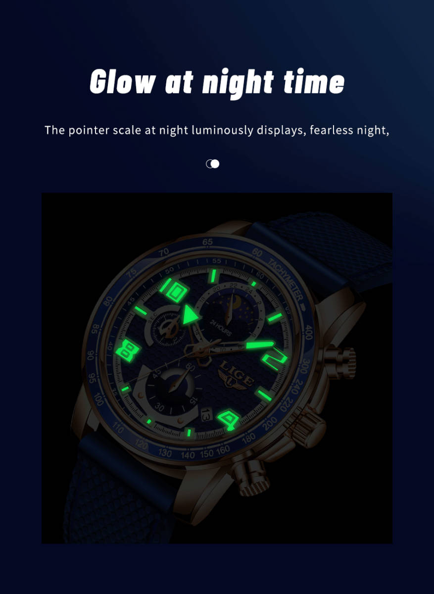 LIGE メンズ 腕時計 高品質 クオーツ カジュアル スポーツ ウォッチ 8955 クロノグラフ 防水 時計 シリコンバンド オールブラック_画像4