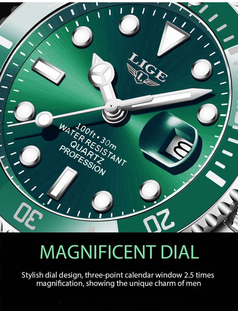 LIGE メンズ 腕時計 高品質 クオーツ カジュアル スポーツ ビジネス ウォッチ 10045 クロノグラフ 防水 時計 シルバー × ブラック_画像8