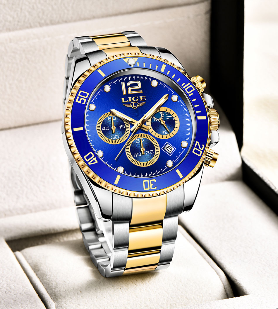 LIGE メンズ 腕時計 高品質 クオーツ カジュアル ビジネス ミリタリー ウォッチ 8924 クロノグラフ 防水 時計 ブルー × GOLDシルバー_画像1