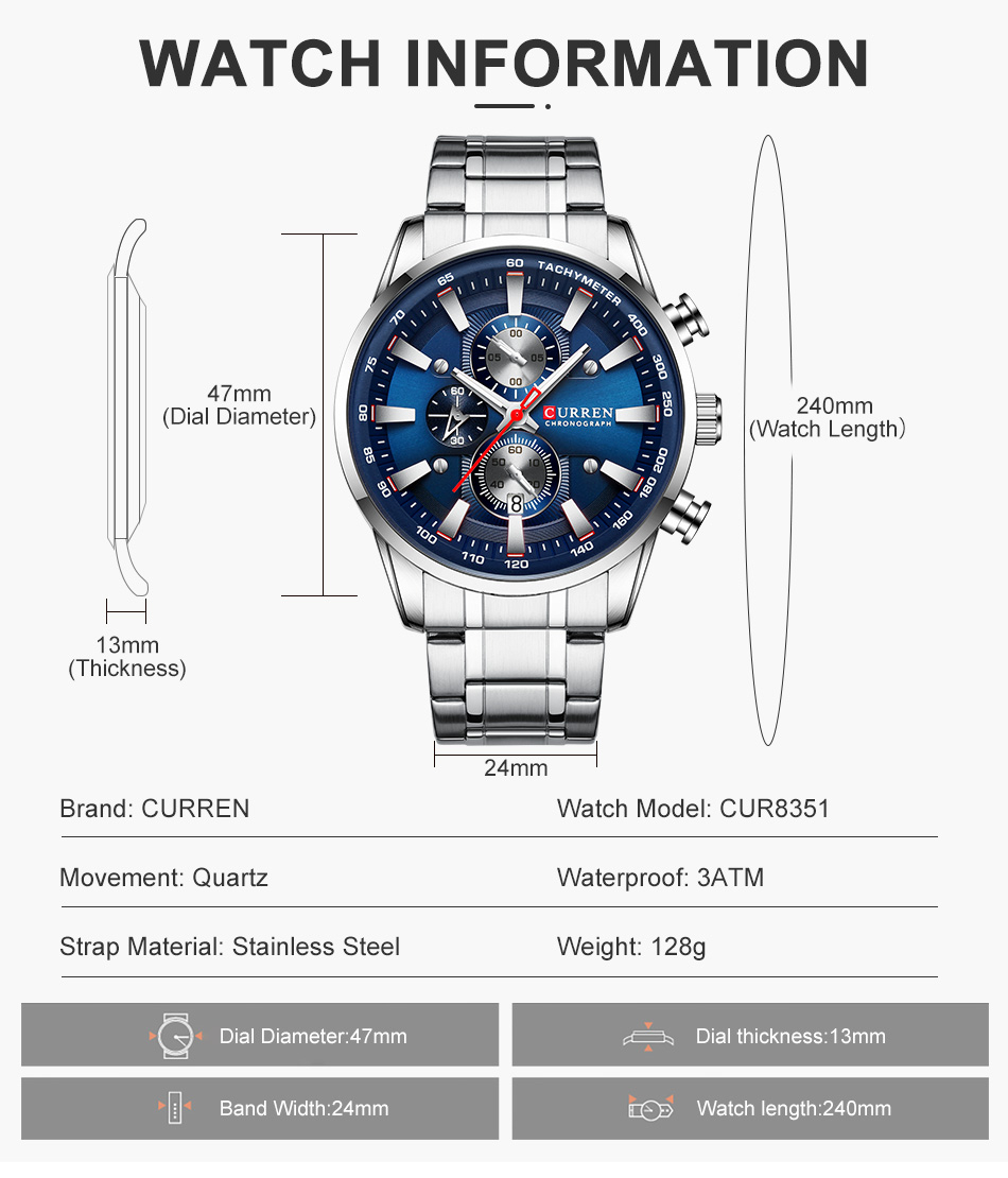 CURREN メンズ 腕時計 高品質 クオーツ カジュアル スポーツ ビジネス ウォッチ 8351 クロノグラフ 防水 時計 ブルー × ローズゴールド_画像4