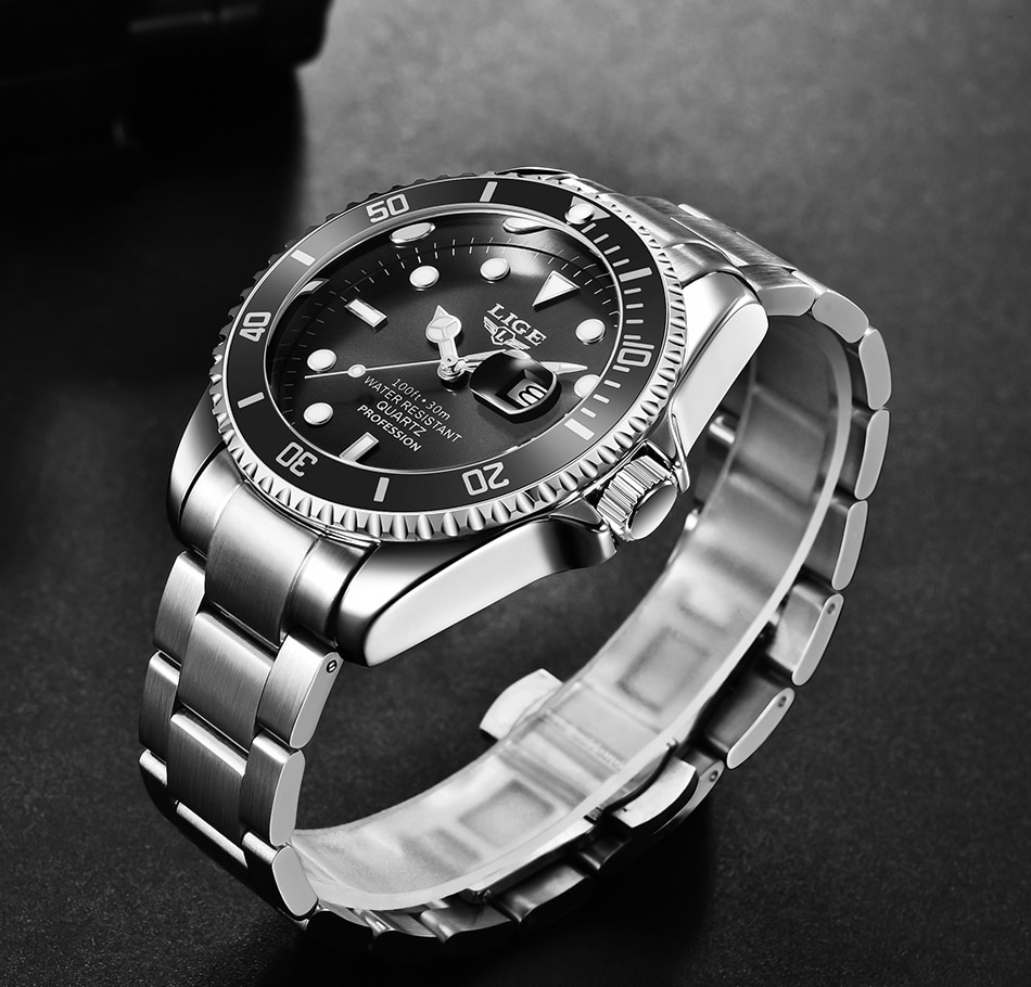 LIGE メンズ 腕時計 高品質 クオーツ カジュアル スポーツ ビジネス ウォッチ 10045 クロノグラフ 防水 時計 シルバー × ブラック_画像3