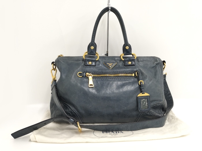 定番人気！ 【中古】PRADA 2WAY ショルダーバッグ レザー ブルー