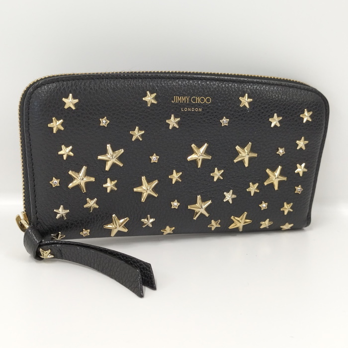 【中古】JIMMY CHOO ラウンドファスナー 長財布 スター スタッズ レザー ブラック