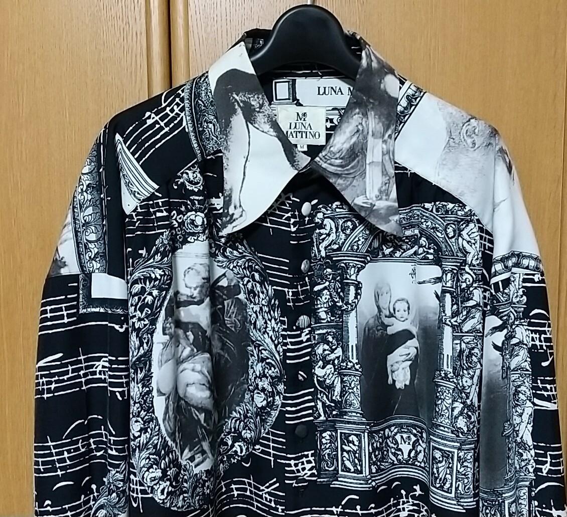 LUNA MATTINO luna ma Tino total pattern shirt long sleeve monochrome black black M made in Japan Logo sound . picture gya The -Jean Paul GAULTIER VERSACE