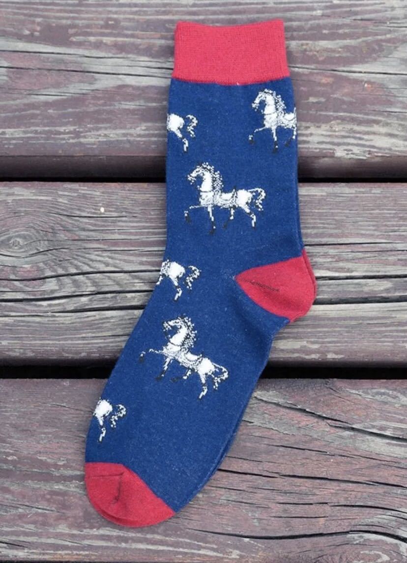  horse riding horse pattern socks men's 39~42 size blue 