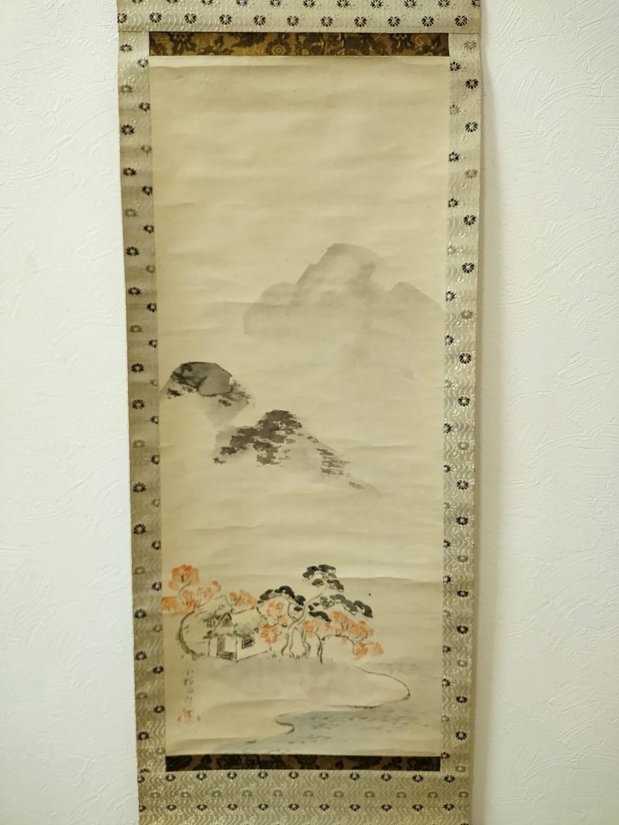☆ 小野四郎 山水画 掛け軸 本体:横約31cm 縦約140cm 本紙:横約25.5cm