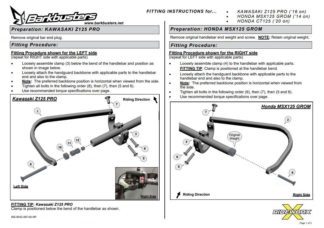 バークバスターズ ハンドガード(BHG-087)KAWSAKI Z125 PRO, HONDA Grom MSX125/ CT125 熱間鍛造強化アルミバックボーン2点締め＋プラガード_Z125PRO ＆ GROM 125 取付マニュアル